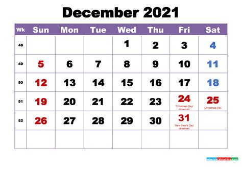 Printable Calendar Dec 2021